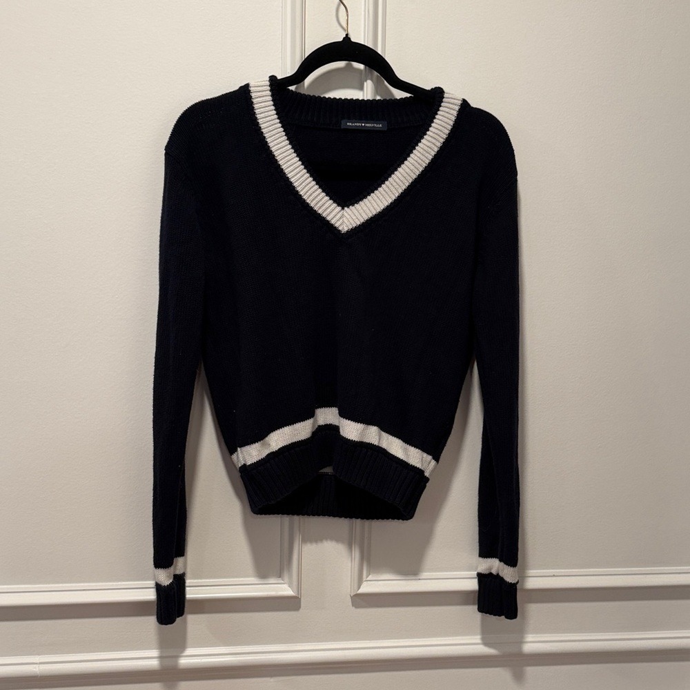 Brandy Melville Navy Blue Cream Striped Sweater 100% Cotton Made in Italy